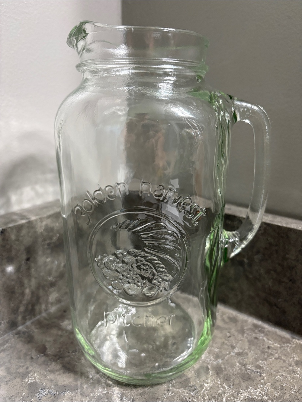 Golden Harvest Glass Mason Jar Pitcher with Cornucopia Logo, Pouring Spout.